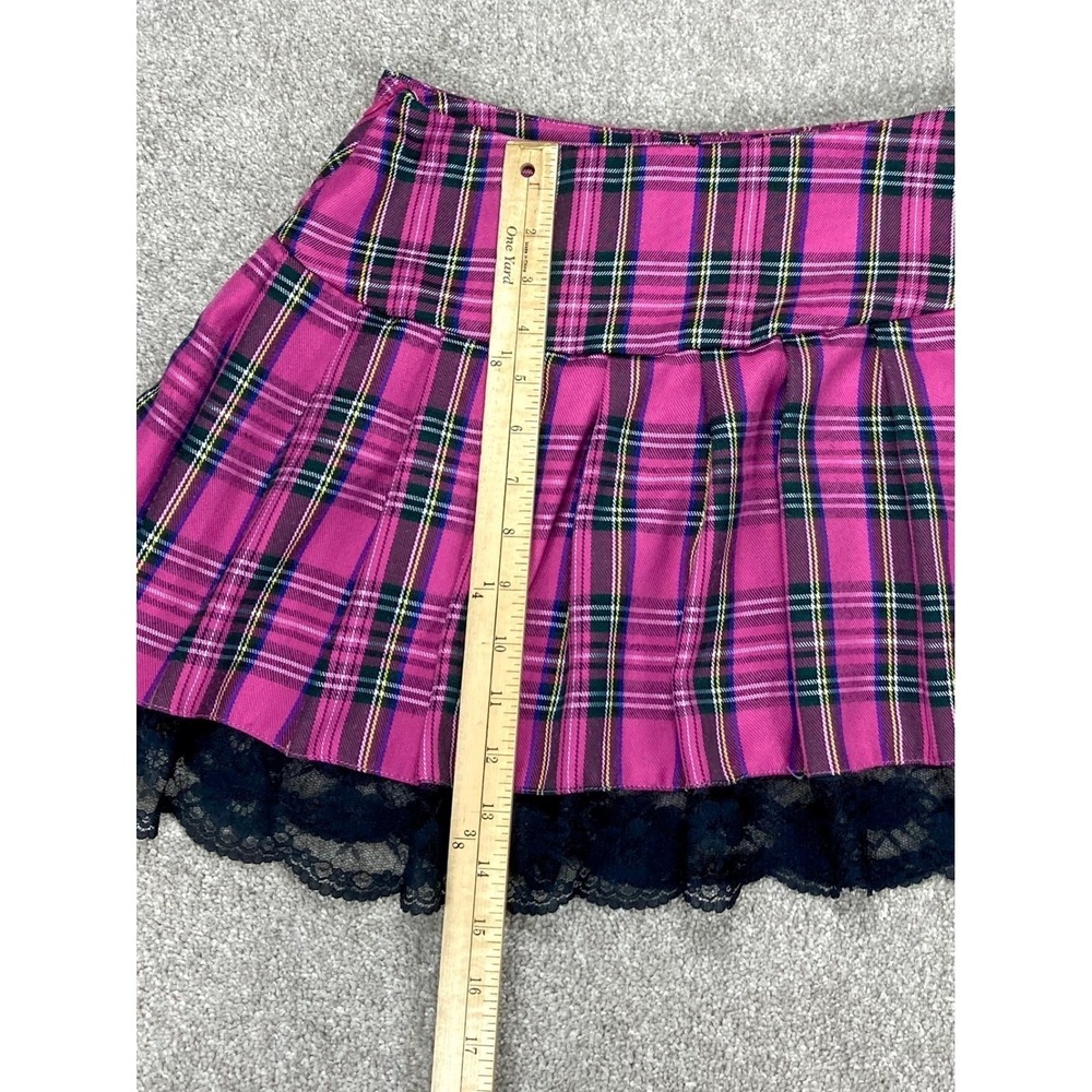 Lace Trim Pleated Plaid Academia Mini Skirt Womens S Pink Black Coquette Grunge - Picture 8 of 9